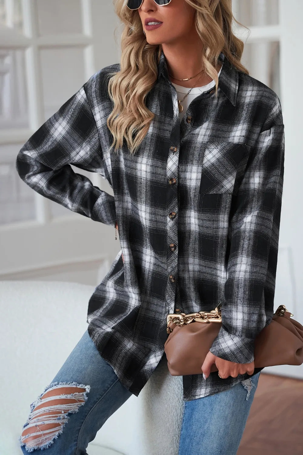 Plaid Button Up Dropped Shoulder Outerwear - Lilixa.store