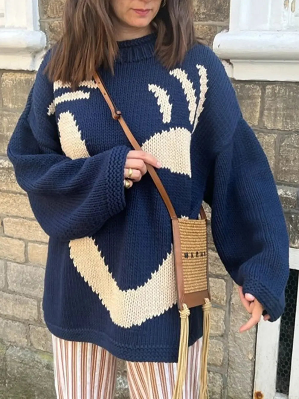 Contrast Drop Shoulder Long Sleeve Sweater, view 5