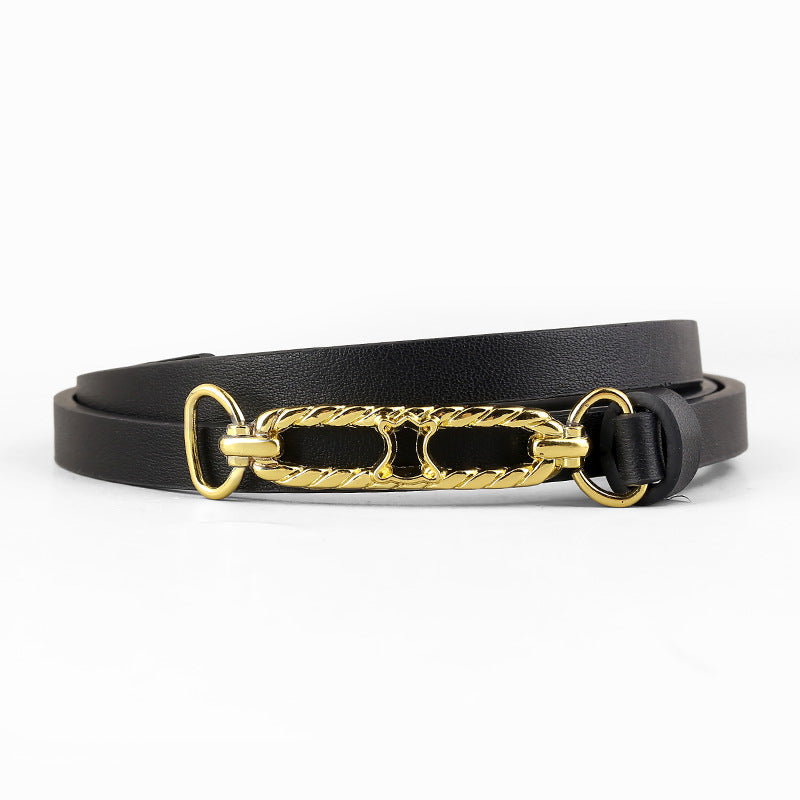 Gold Buckle Skinny Belt in Black