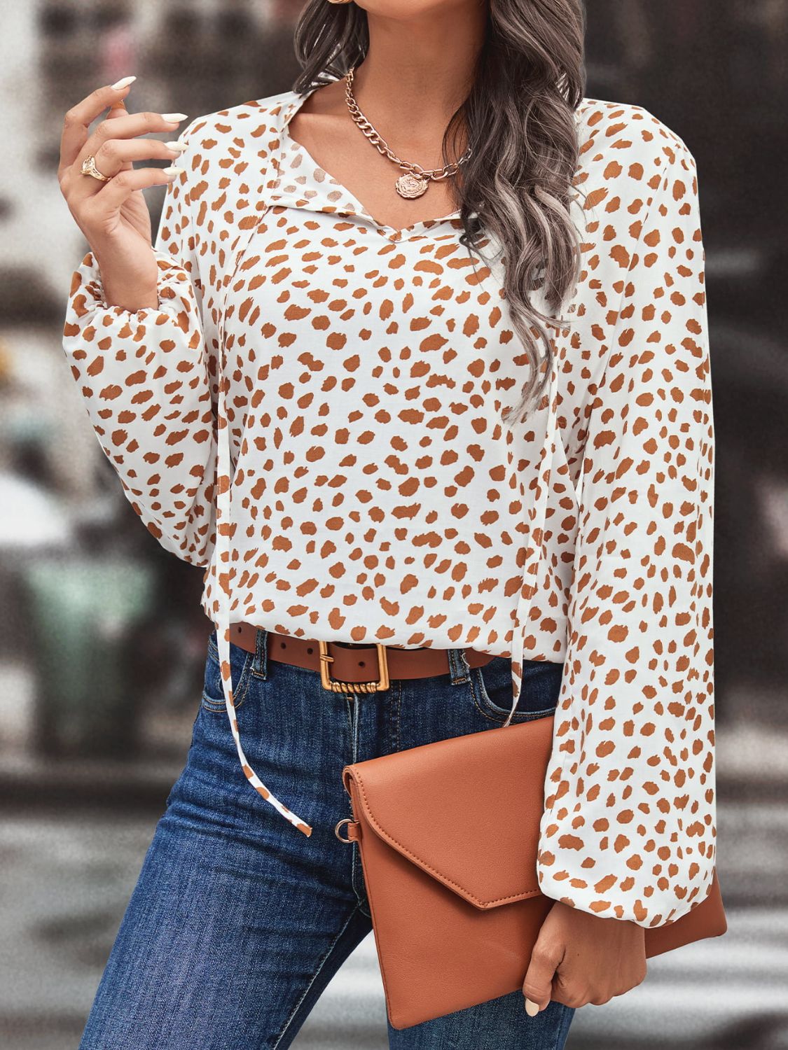Printed Tie Neck Long Sleeve Blouse, view 7