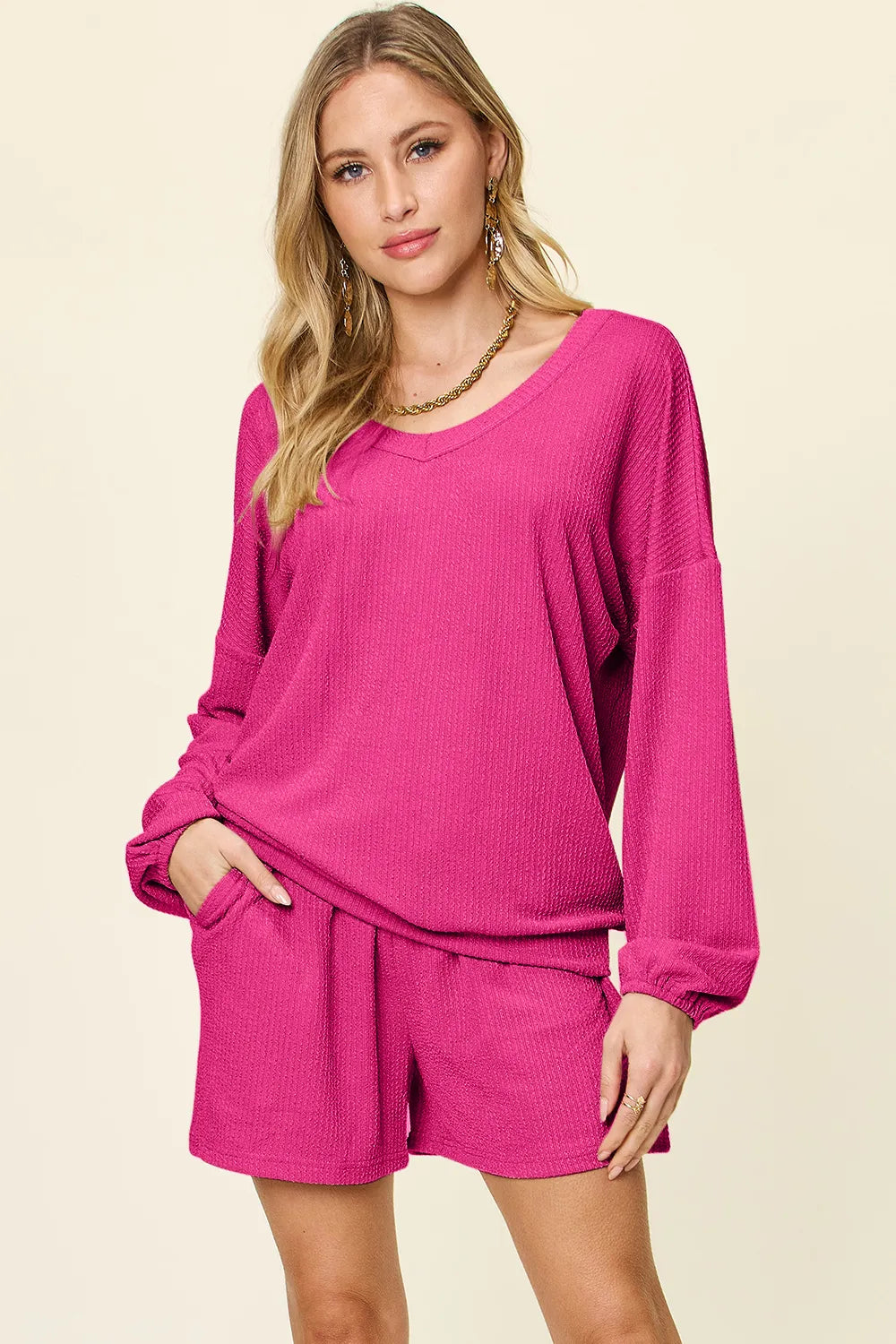 Double Take Full Size Texture V-Neck Long Sleeve T-Shirt and Shorts Set in Hot Pink