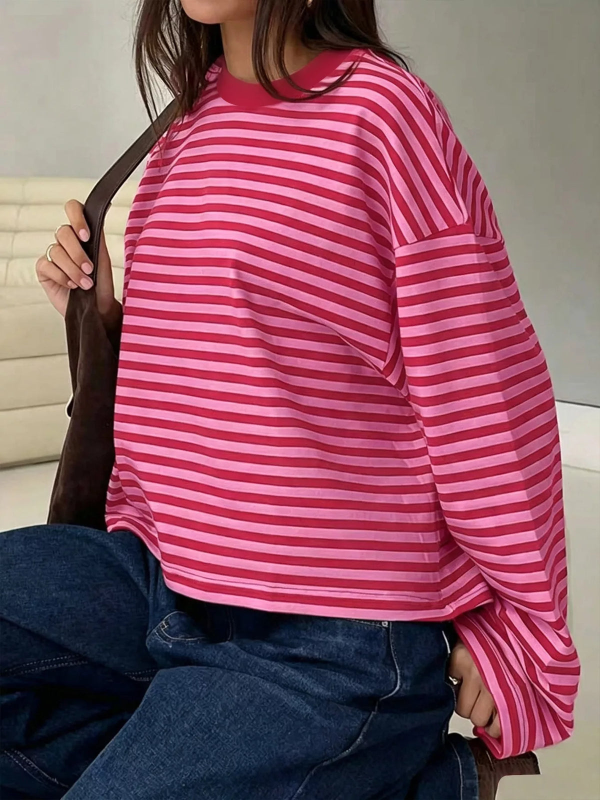 Full Size Casual Long-Sleeve Striped Crew Neck T-Shirt Plus Size, view 7