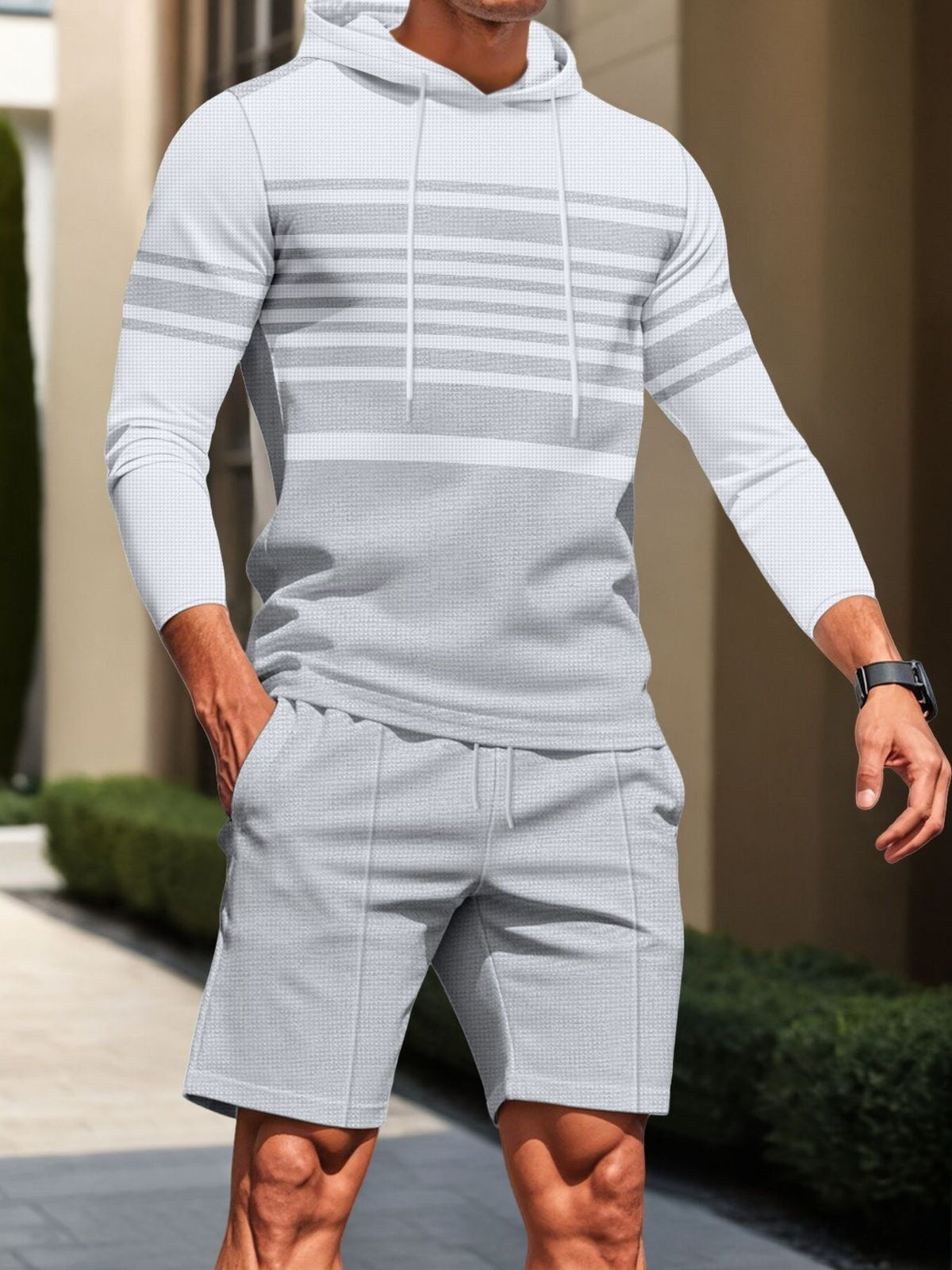 Men's Full Size Striped Hoodie & Shorts Casual Set Plus Size - Lilixa.store