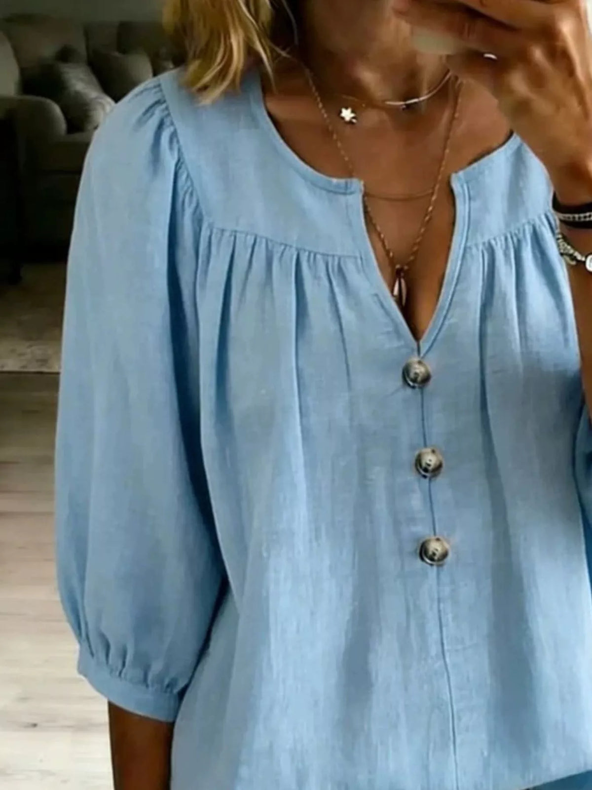 Full Size Notched 3/4 Sleeve Blouse Plus Size - Lilixa.store