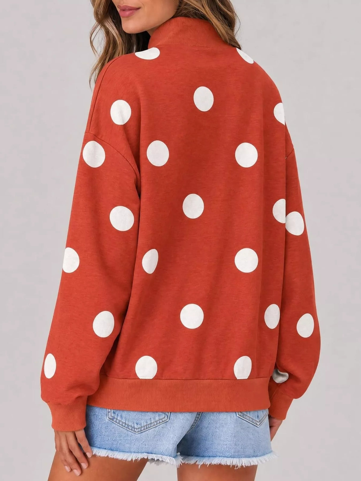 Mock Neck Polka Dot Print Oversized Sweatshirt - Lilixa.store