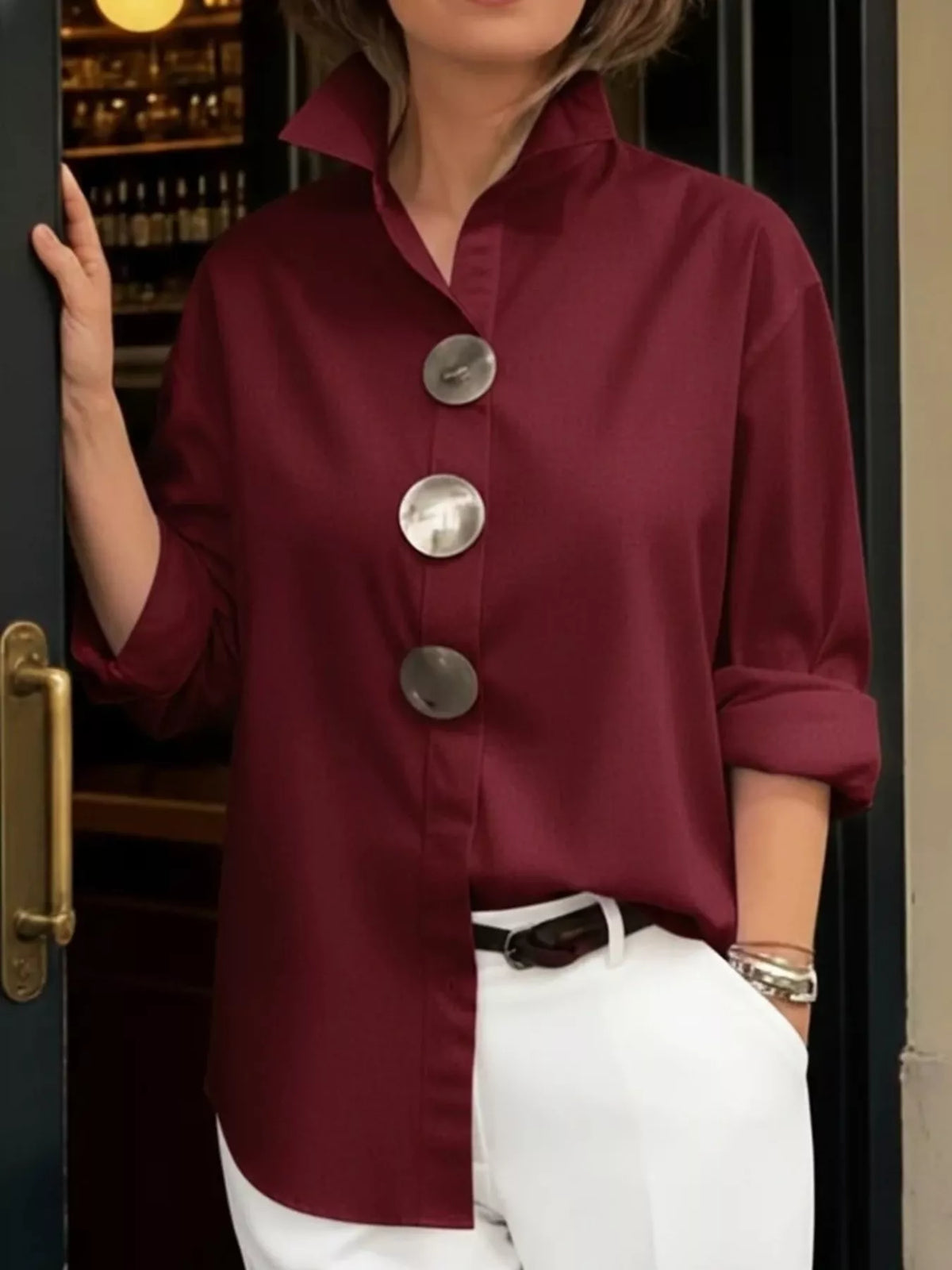 Full Size Oversized Metal Button Long Sleeve Shirt Plus Size - Lilixa.store