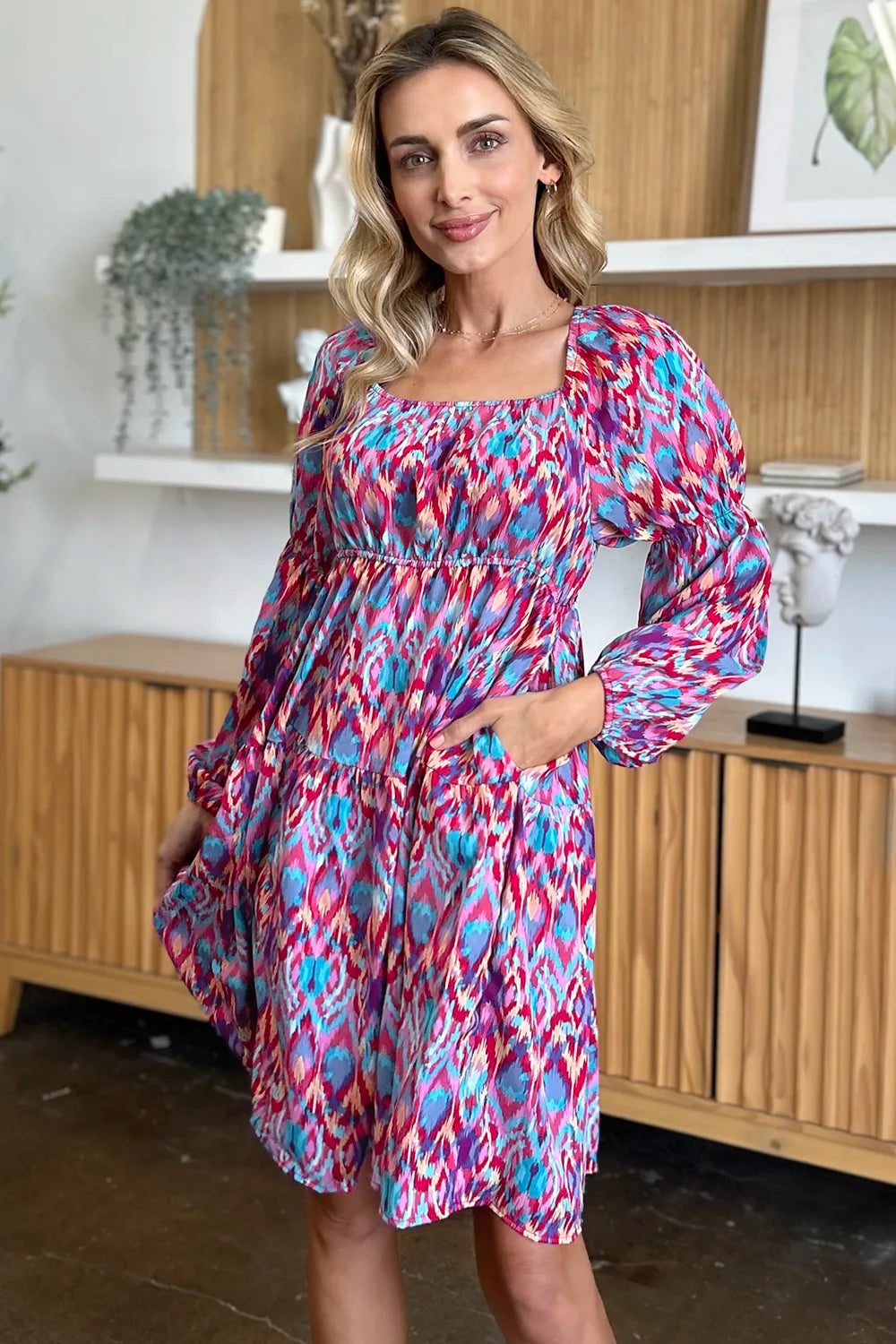 Double Take Full Size Printed Long Sleeve Dress - Lilixa.store