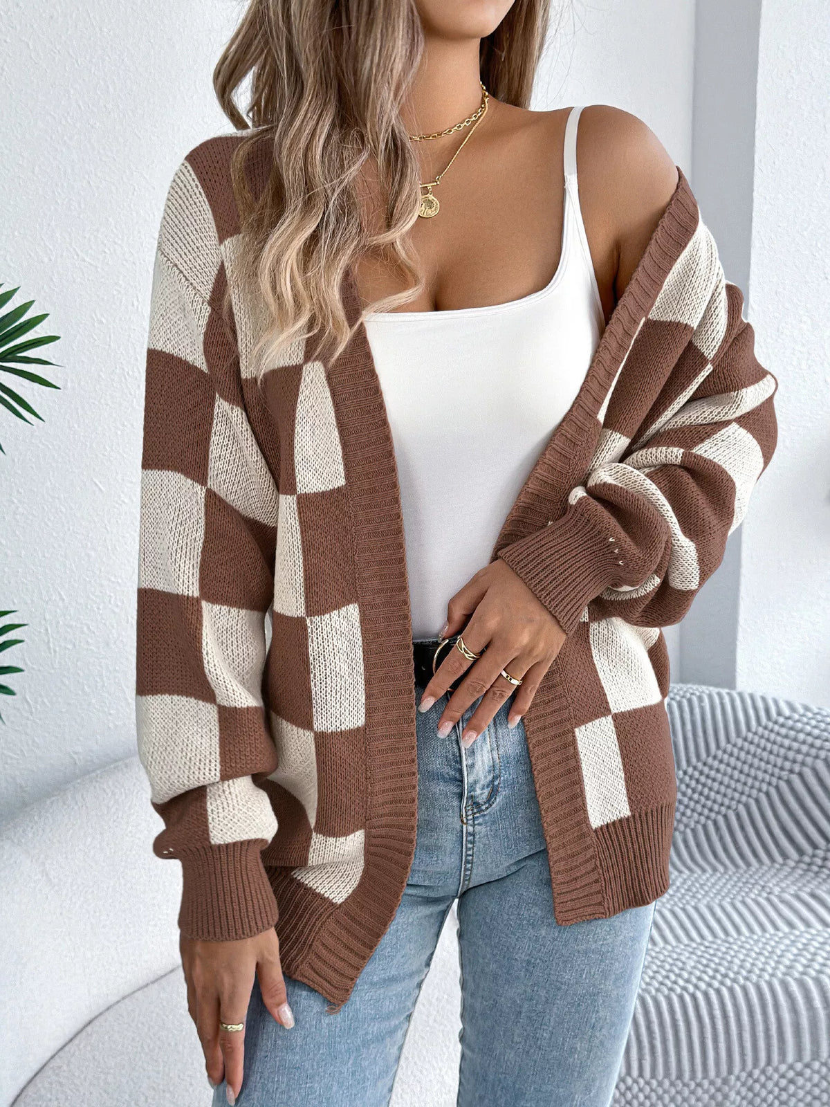 Checkerboard Pattern Open Front Knit Cardigan - Lilixa.store