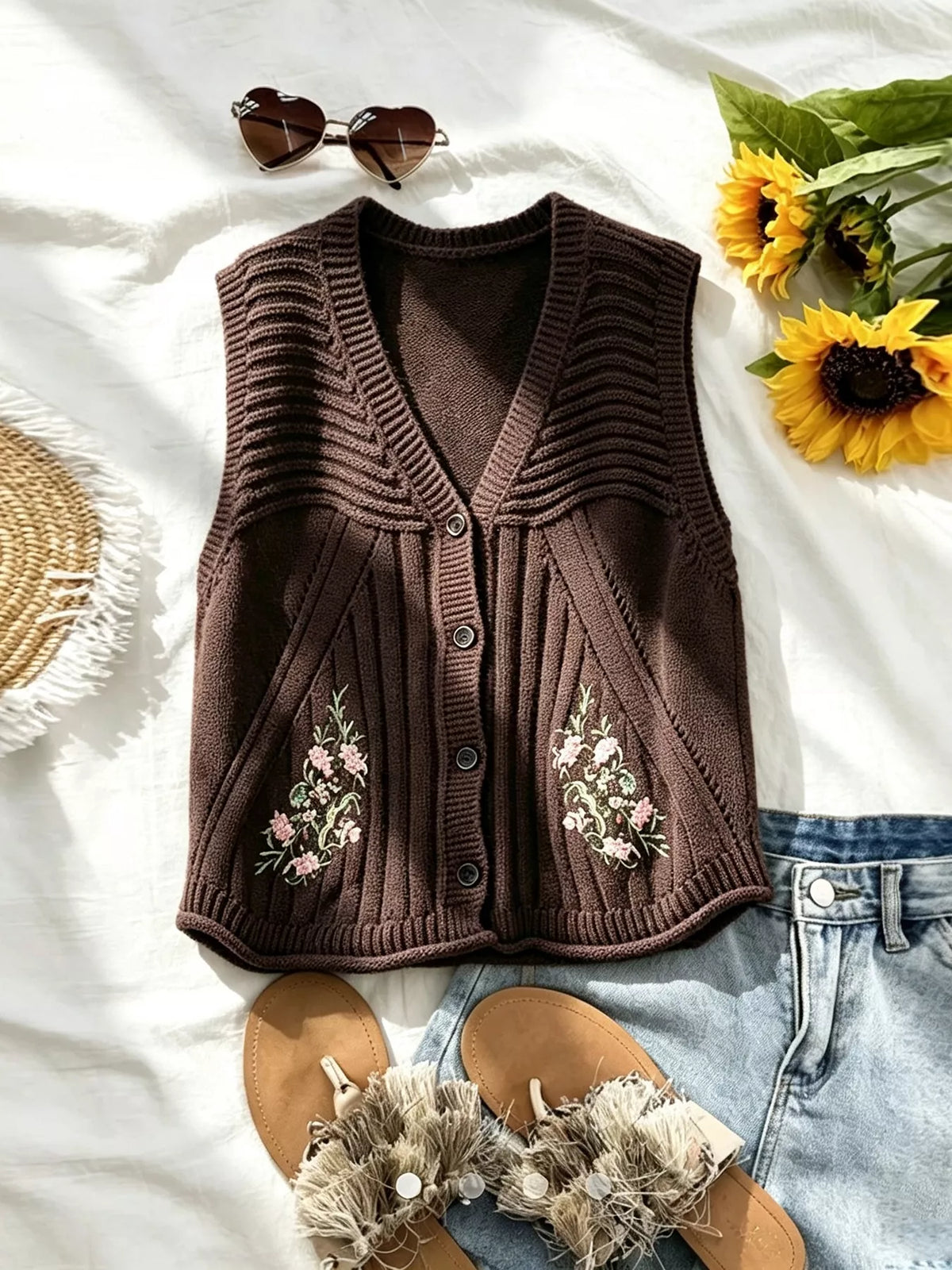 Floral Embroidered V-Neck Button-Down Sweater Vest - Lilixa.store