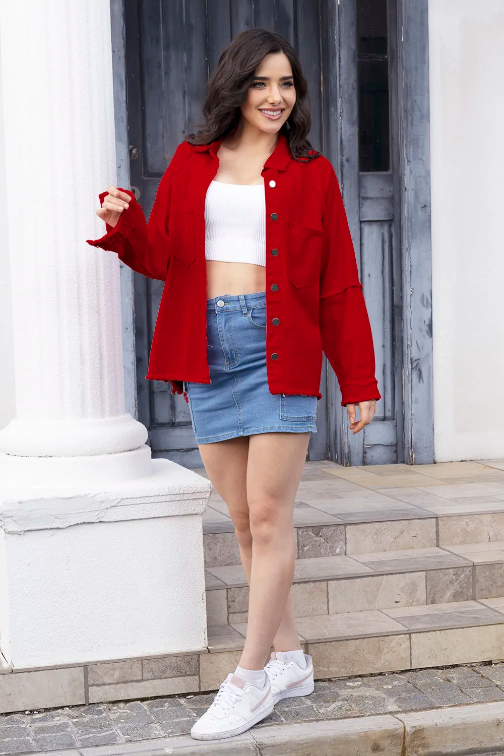 Raw Hem Pocketed Collared Neck Denim Jacket - Lilixa.store