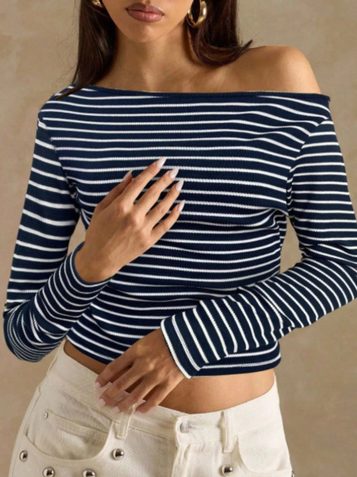 Off-Shoulder Striped Ribbed Long Sleeve T-Shirt, view 13