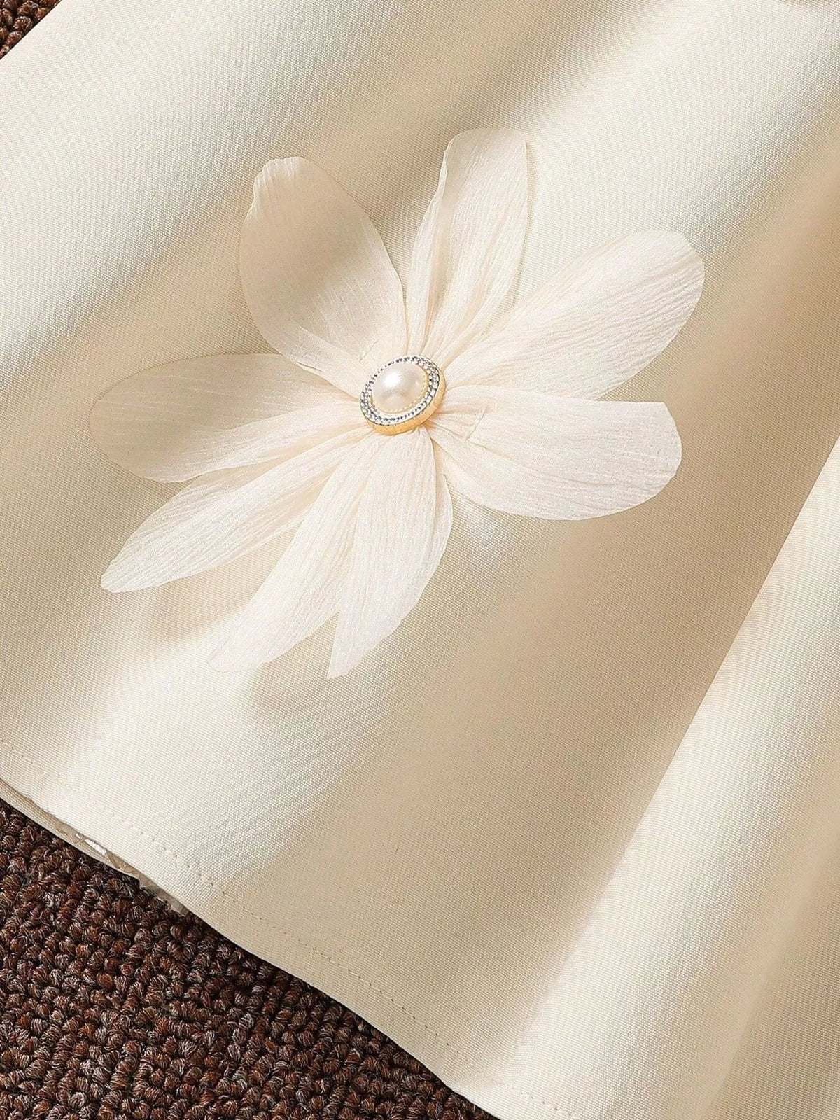 Children's Long-Sleeve Dress with 3D Floral Appliques and Pearl Accents in Apricot Color, view 5