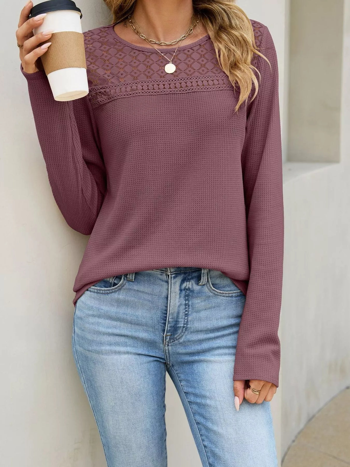 Lace Panel Waffle Knit Long Sleeve T-Shirt