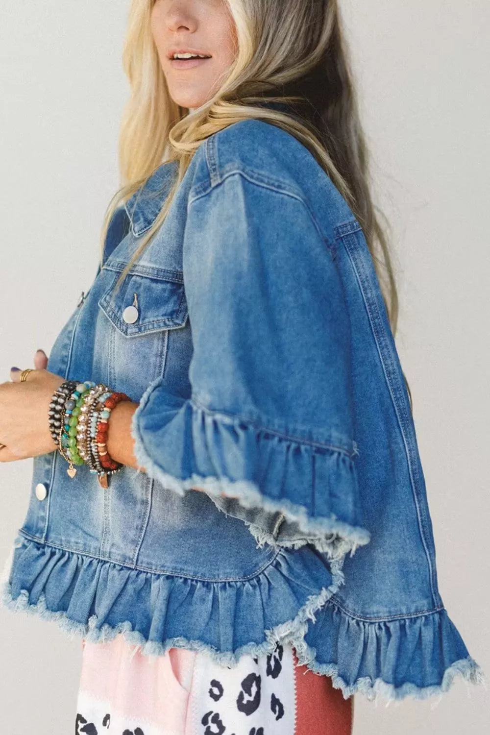 Ruffle Hem Raw Edge Half Sleeve Western Denim Jacket in Dusty Blue, view 5