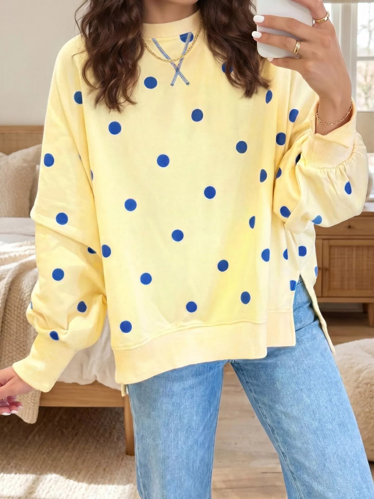 Side Slit Polka Dot Oversized Sweatshirt - Lilixa.store