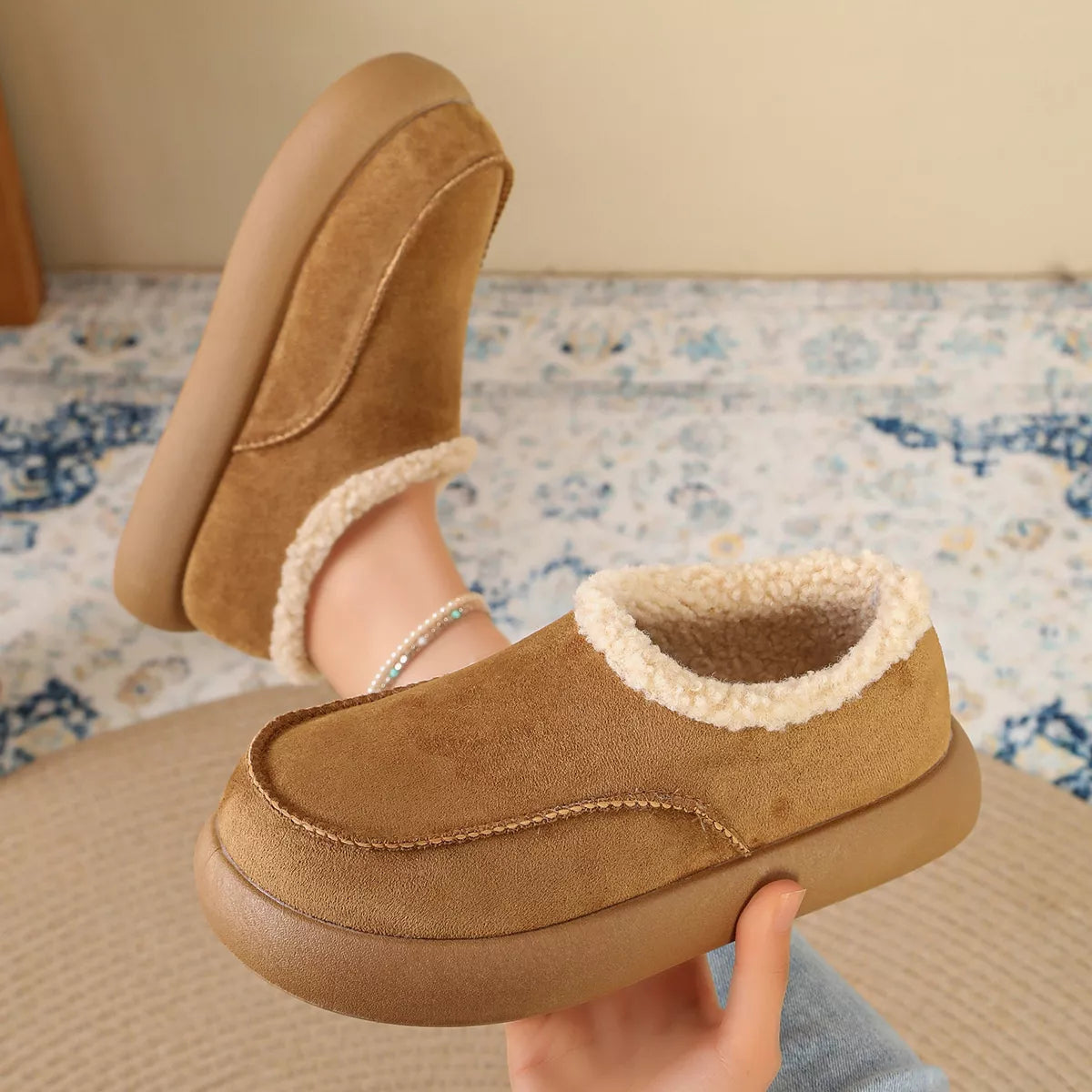 Plush-Lined Suede Platform Slip-On Boots, view 4