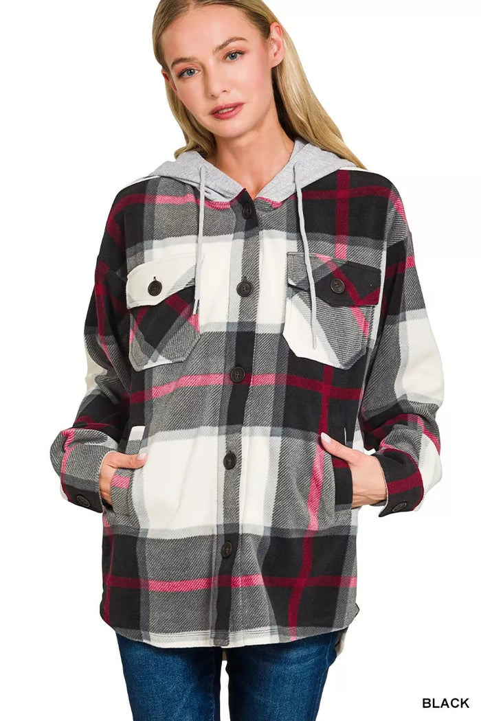 Zenana Plaid Drawstring Hooded Fleece Shacket in Black