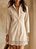 Button-Down Shirt Dress with Lace Trim - Lilixa.store