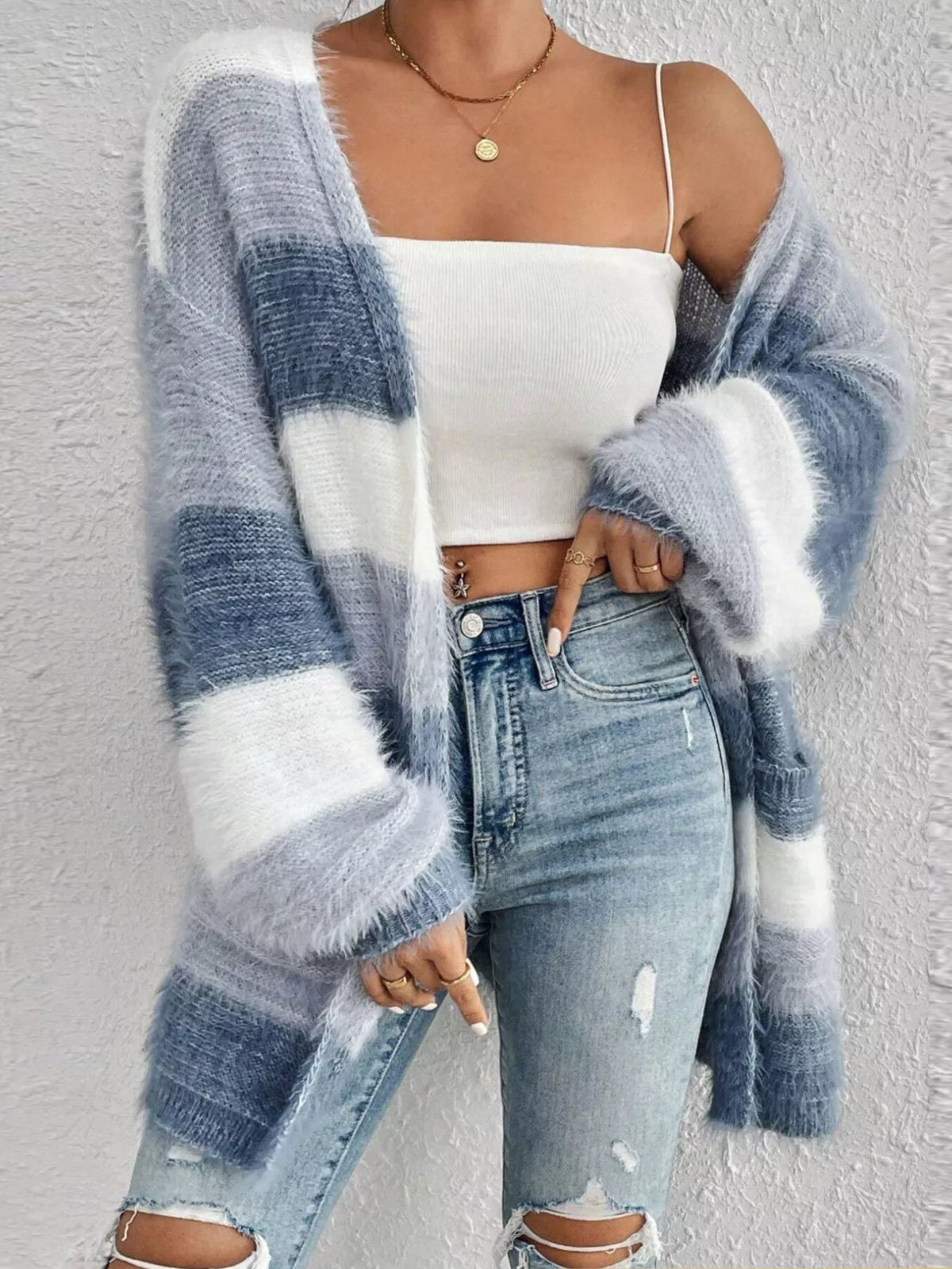 Striped Open Front Oversized Cardigan in Light Blue, view 3