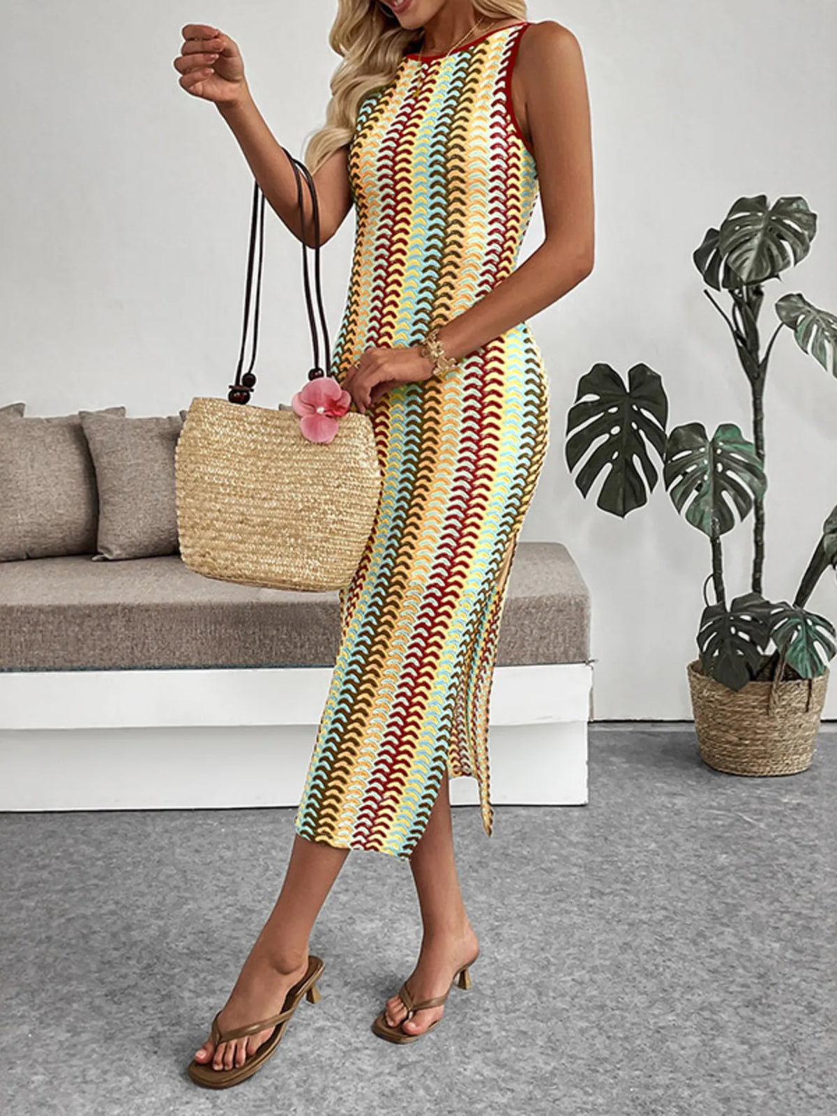 Sleeveless Chevron Pattern Sweater Dress in Khaki, view 5
