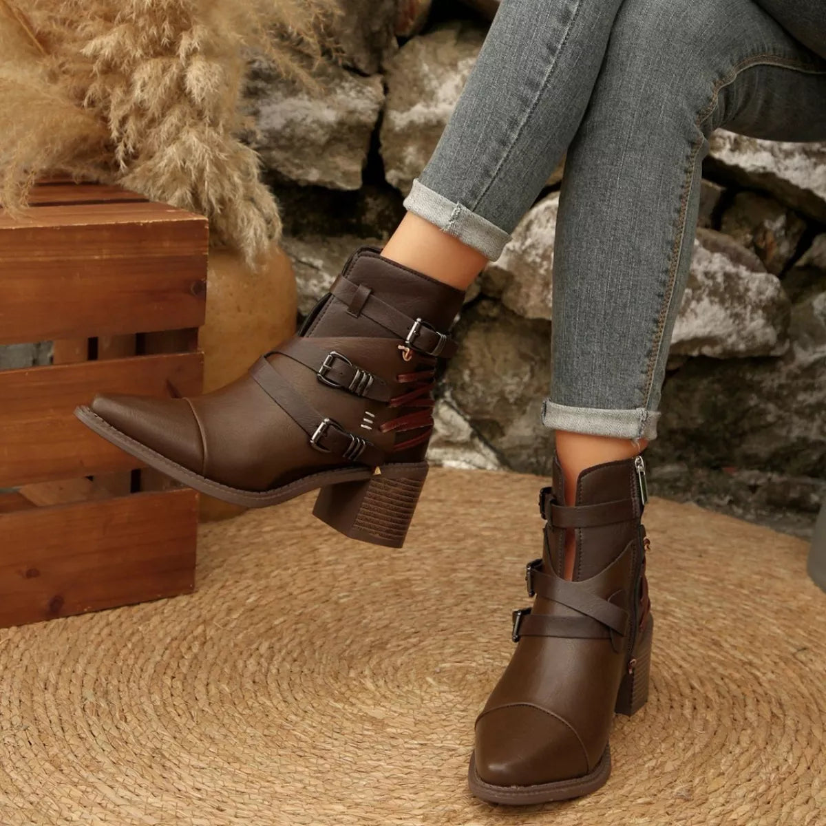 Point Toe Buckle Strap Ankle Boots with Block Heels - Lilixa.store
