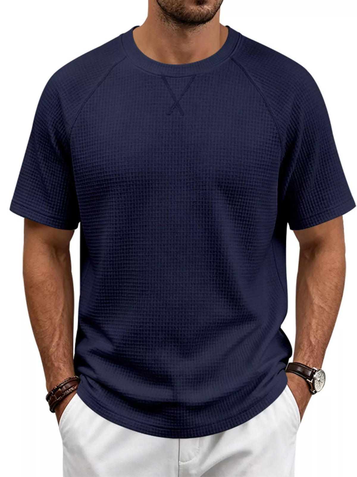 Men's Full Size Waffle Knit Raglan Short Sleeve T-Shirt Plus Size - Lilixa.store