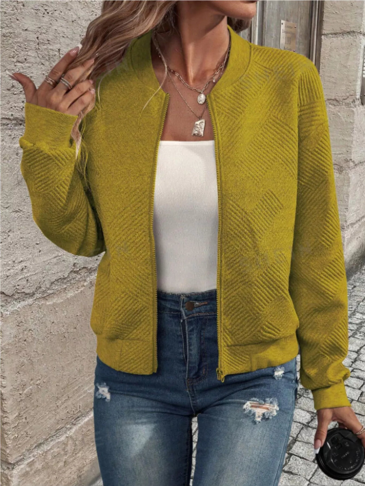 Textured Knit Zip-Up Bomber Jacket in Khaki