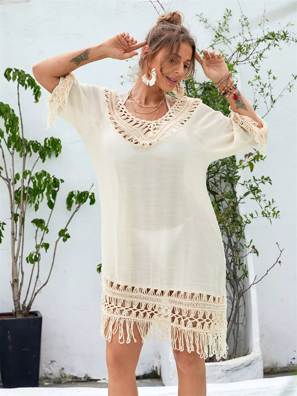 Fringe Crochet V-Neck Cover-Up Dress - Lilixa.store