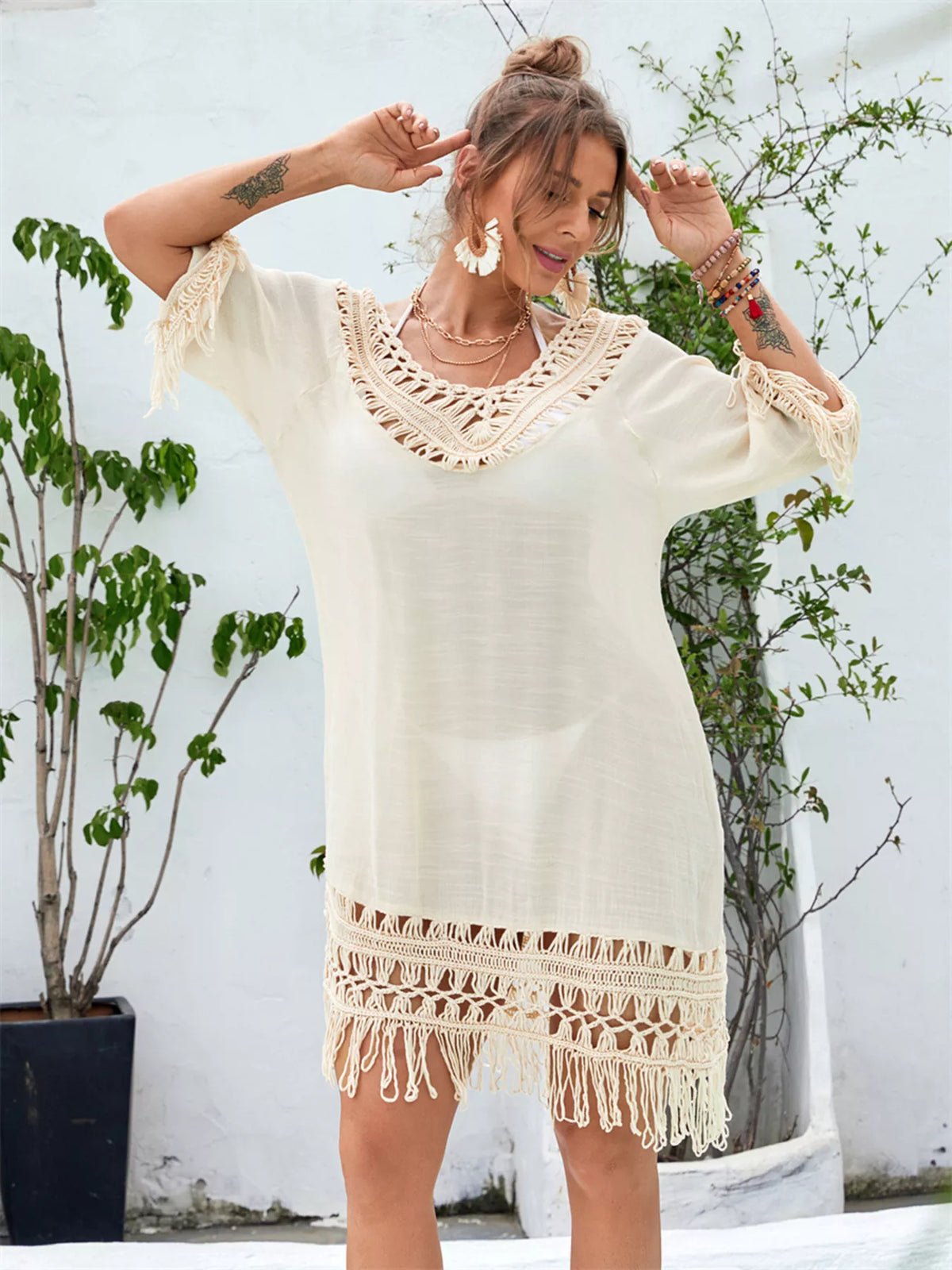 Fringe Crochet V-Neck Cover-Up Dress - Lilixa.store