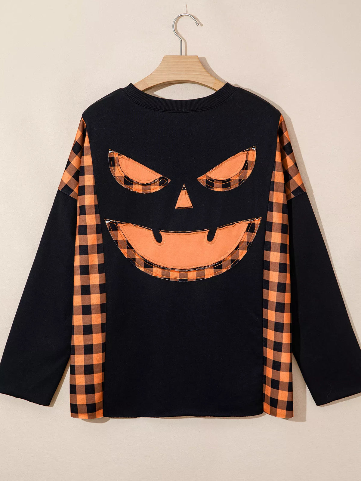 Patchwork Plaid Pumpkin Face Long Sleeve Top - Lilixa.store