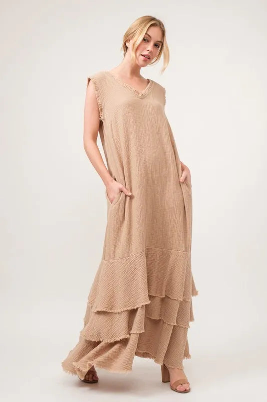 And The Why Washed Fringe Detail Tiered Dress
