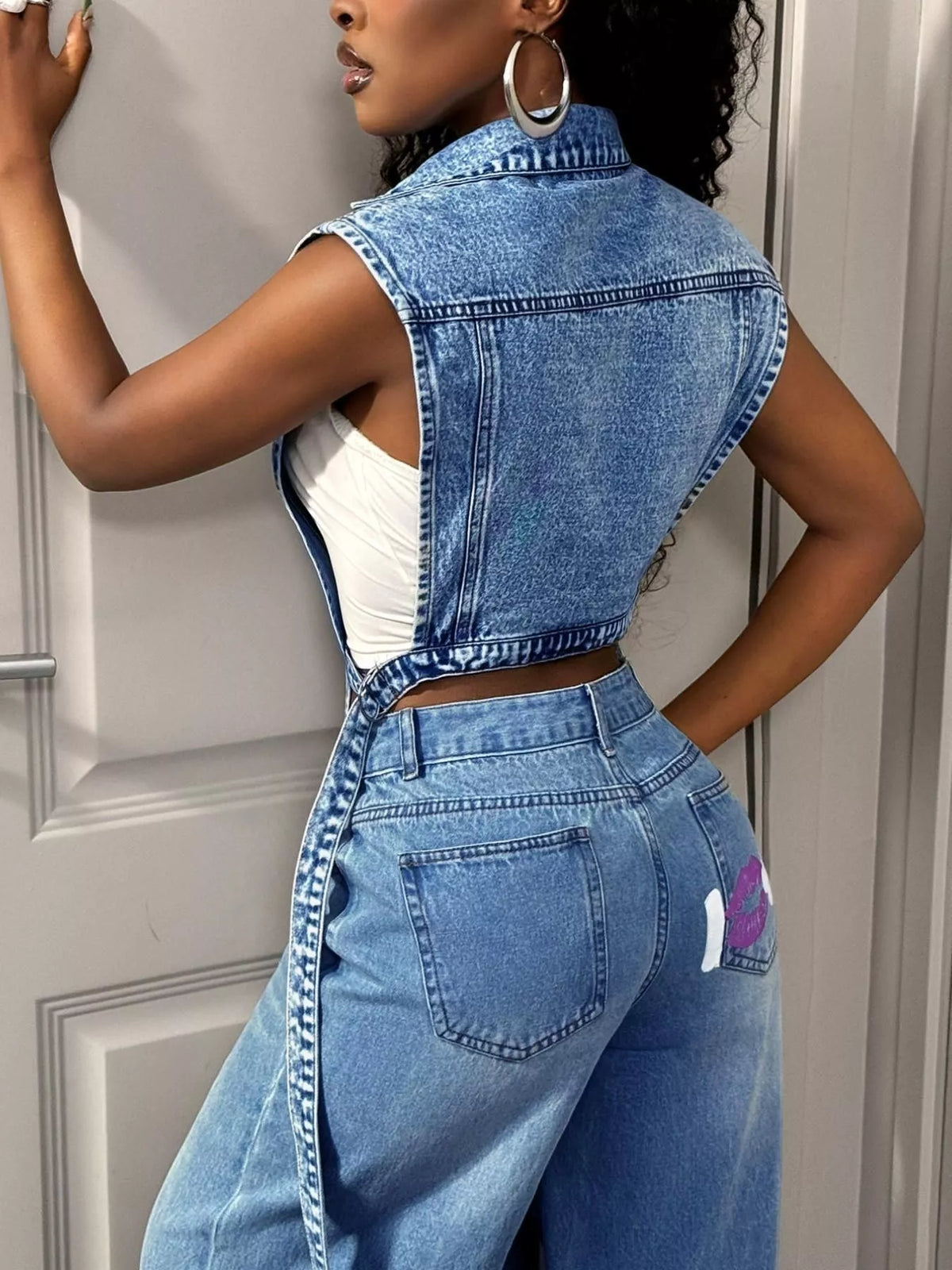 High-Low Open Front Denim Vest, view 9
