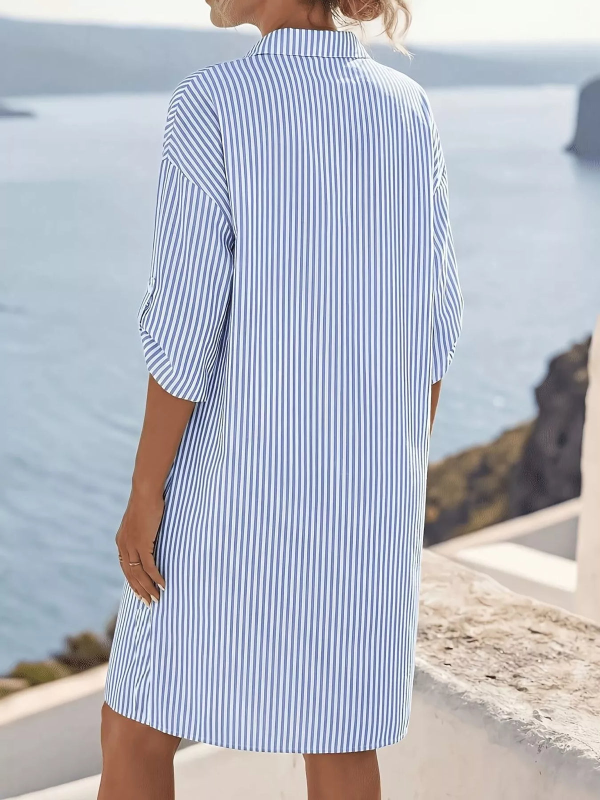 Striped Button-Down Shirt Dress in Light Blue, view 4
