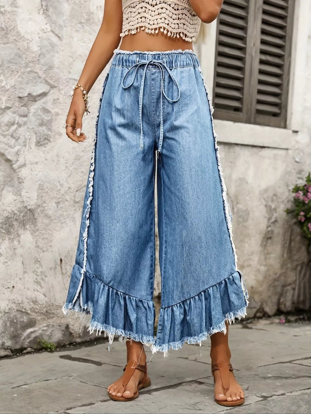 Drawstring Wide-Leg Ruffle Hem Jeans - Lilixa.store