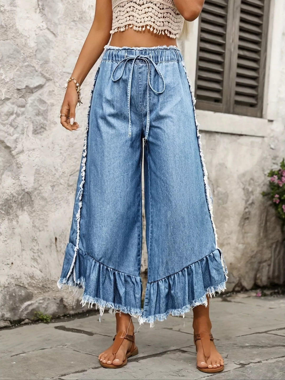 Drawstring Wide-Leg Ruffle Hem Jeans - Lilixa.store