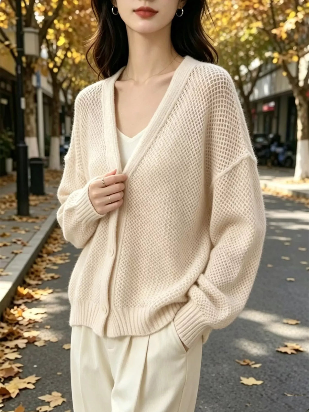 V-Neck Open-Knit Button-Down Cardigan - Lilixa.store