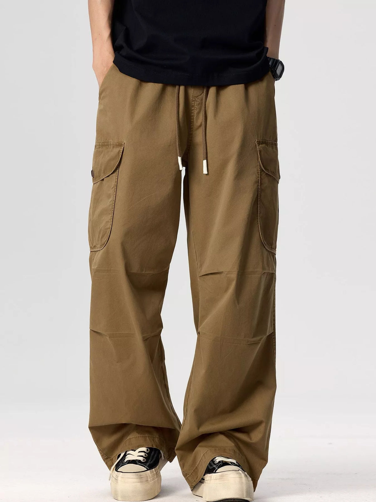 Men's Plus Size Drawstring Wide Leg Cargo Pants in Brown