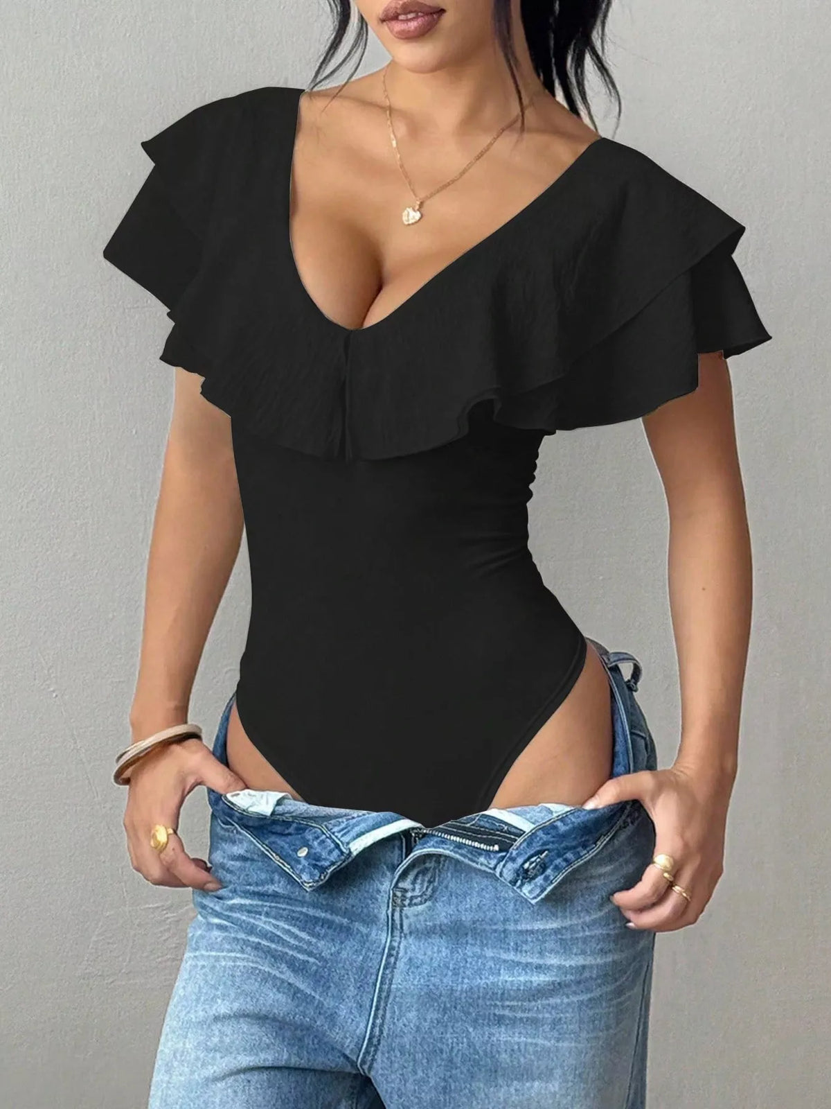 Ruffle Trim V-Neck Bodysuit - Lilixa.store