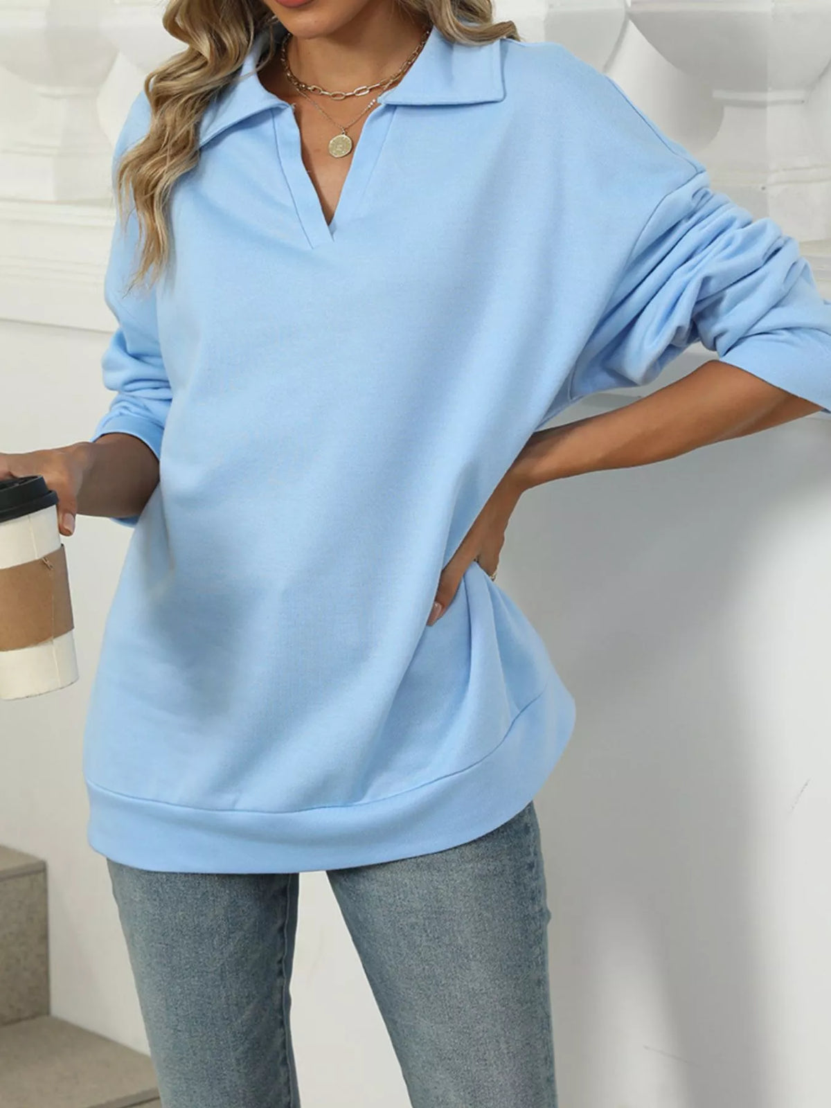 Johnny Collar Drop Shoulder Long Sleeve Sweatshirt - Lilixa.store