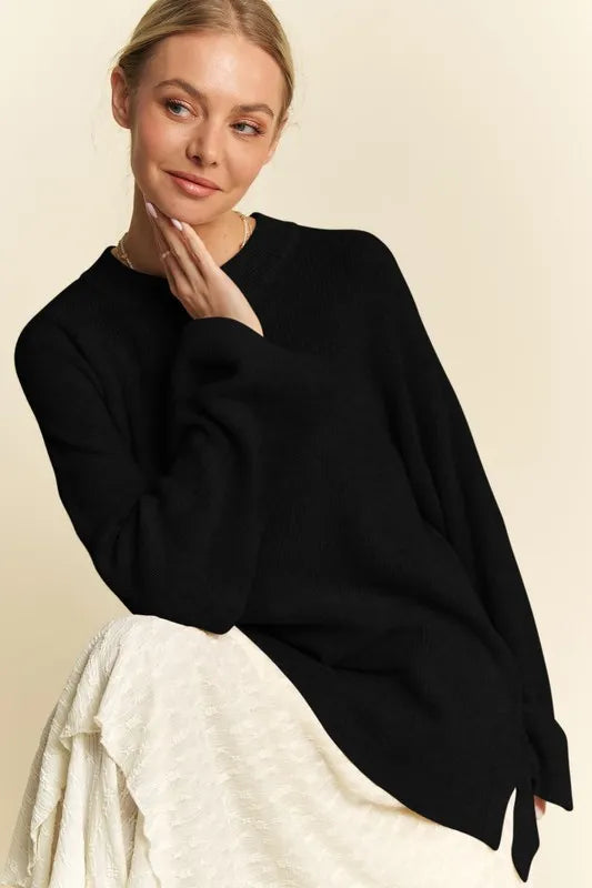 Davi & Dani High-Low Round Neck Drop Shoulder Sweater - Lilixa.store
