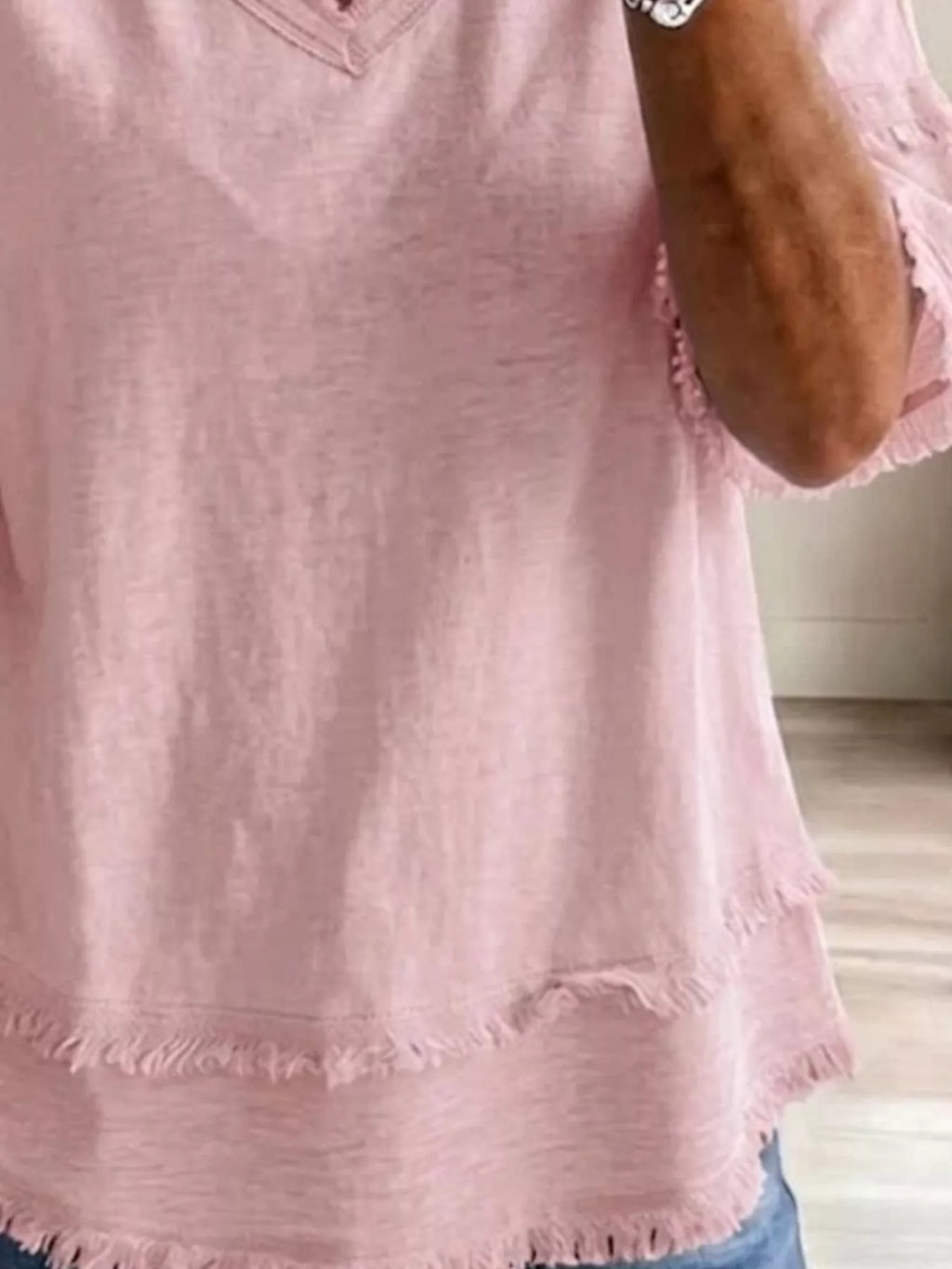 Full Size Frayed Edge V-Neck Blouse Plus Size - Lilixa.store