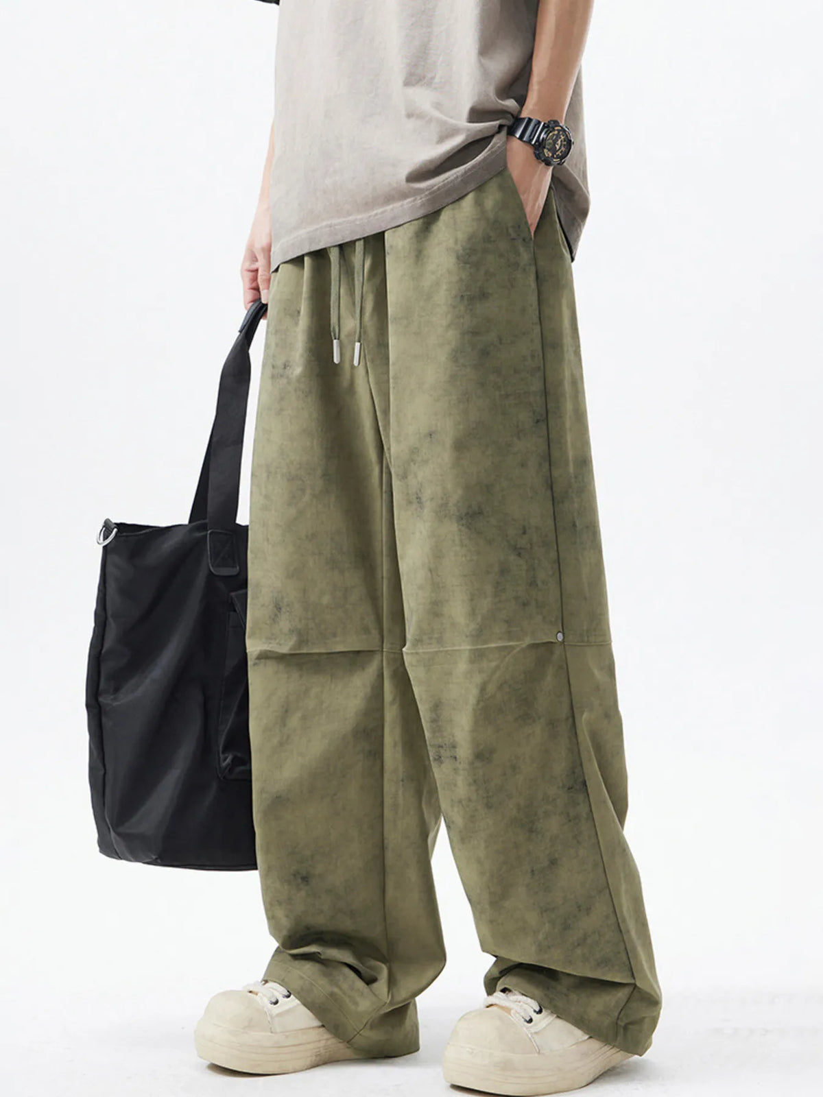 Men's Drawstring Wide Leg Pants in Green, view 2
