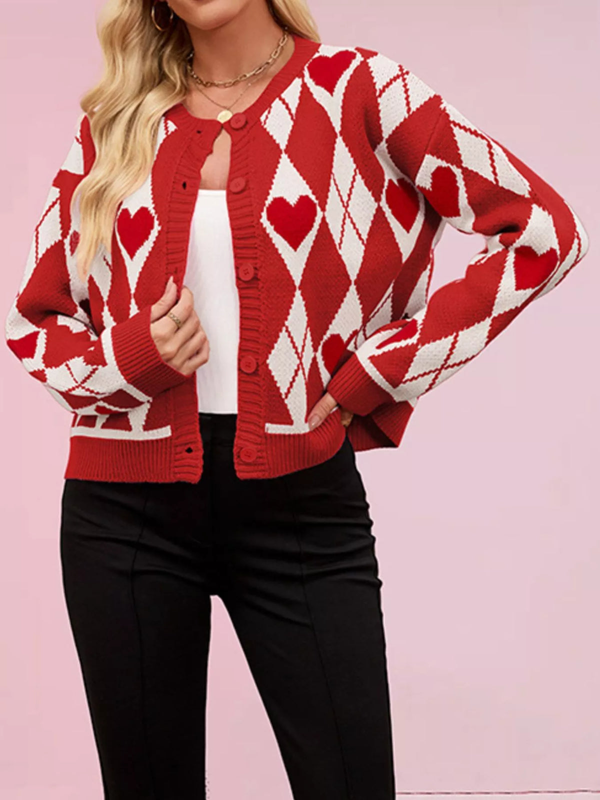 Argyle Heart Pattern Button-Up Knit Cardigan - Lilixa.store