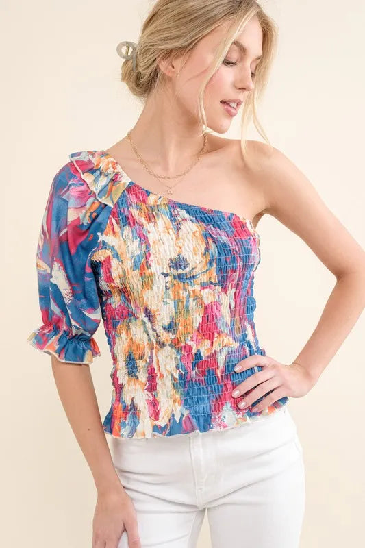 And The Why Allover Floral Print Smocked One Shoulder Blouse - Lilixa.store