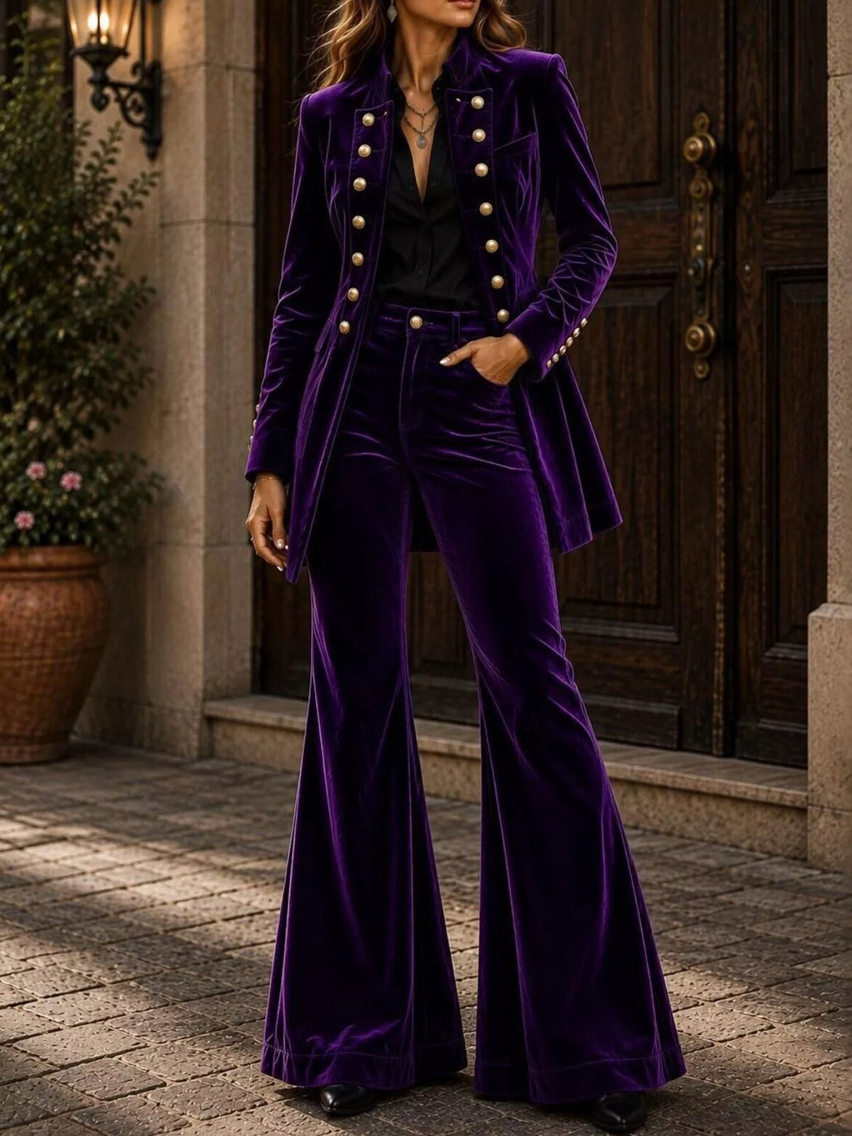 Velvet Double-Breasted Blazer and Flare Pants Set in Purple