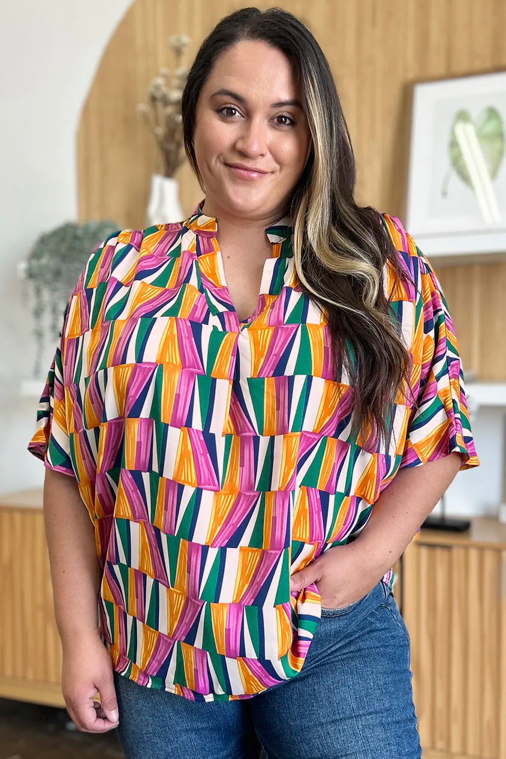 Double Take Full Size Geometric Notched Dolman Sleeve Top - Lilixa.store