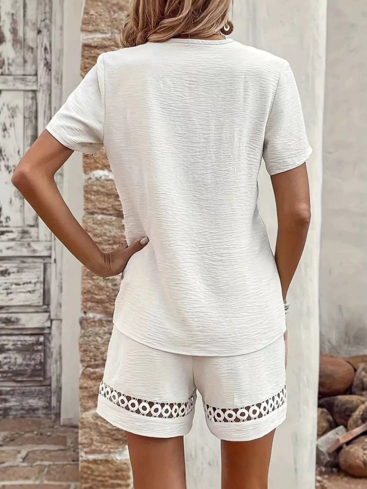 Lace Trim Short Sleeve Top and Shorts Set