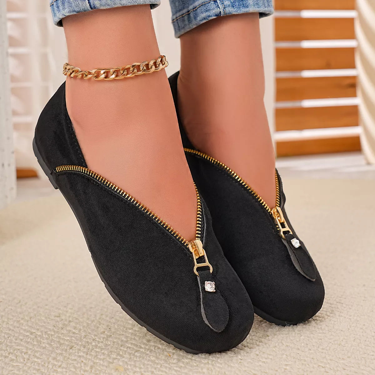 Chic Zipper Detail Flats Slip‑Ons - Lilixa.store