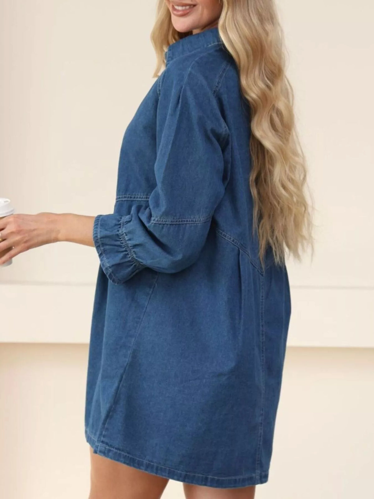 Classic Button-Down Long Sleeve Denim Shirt Dress, view 4