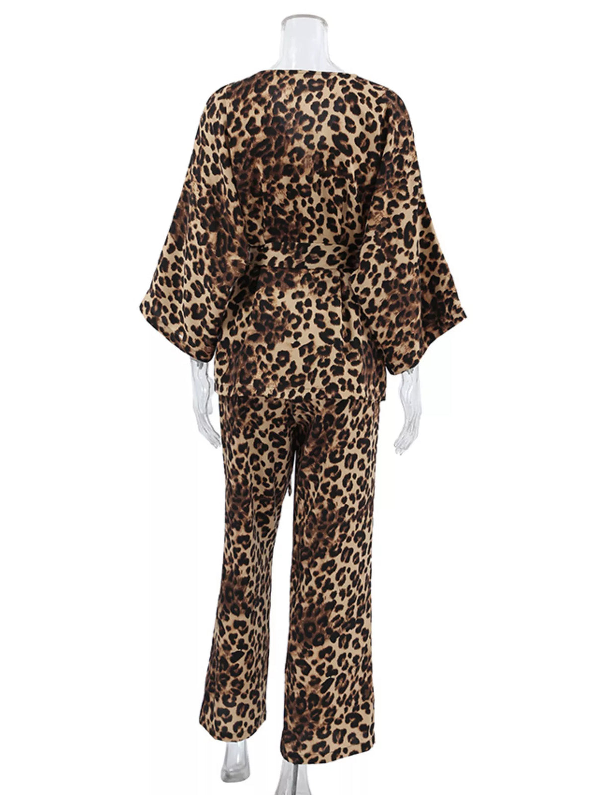 Leopard Cardigan and Wide Leg Pants Lounge Set - Lilixa.store